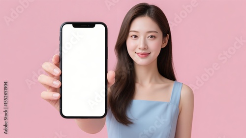 A pretty young Asian woman holds a blank phone with a smile.