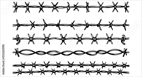 Vector Collection of Barbed Wire Fence Line Icons for Security and Border Design