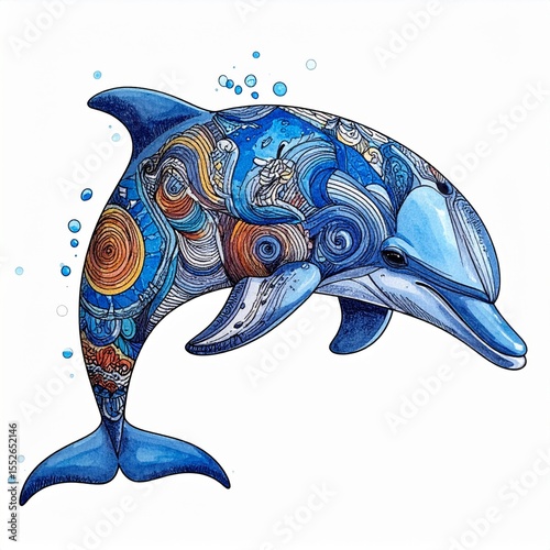 Blue Dolphin with Ornate Pattern Artistic Watercolor Illustration photo