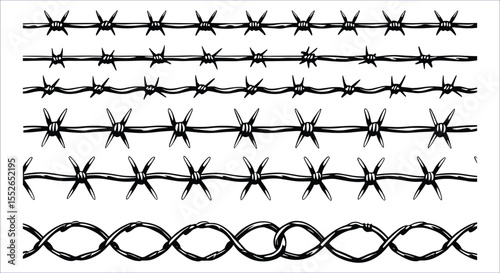 Vector Collection of Barbed Wire Fence Line Icons for Security and Border Design
