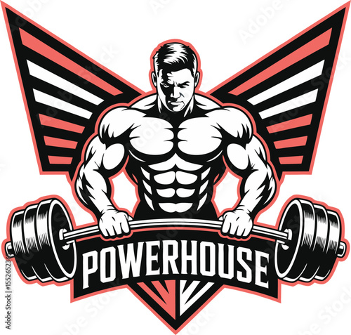 Vector emblem of a powerful winged bodybuilder, a monochrome mascot for a fitness club or sports team on white background