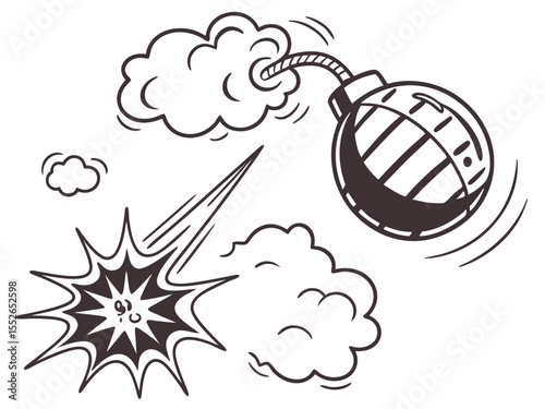 Line speed cartoon effect, boom explosive motion line element set. Comic boom burst, explosive smoke, line speed cartoon vector icon. Hand drawn sketch doodle action effect.exploding, horizontal, 