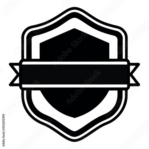 Isolated Illustration of a Decorative Shield with Ribbon Banner, Black and White Design