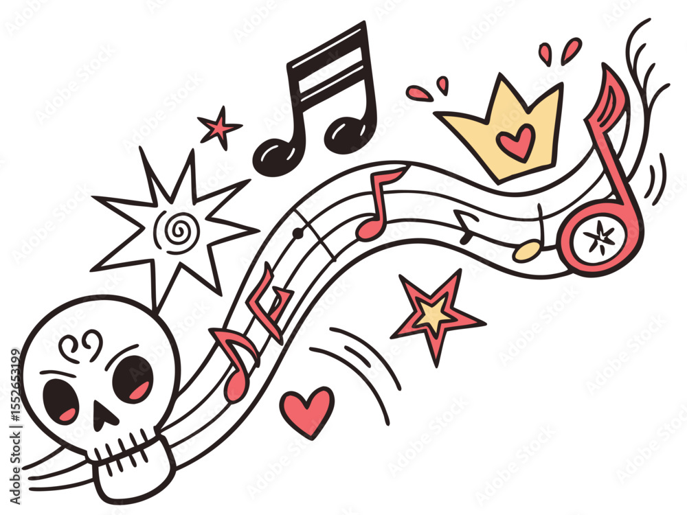 Fototapeta premium Music star doodle icon punk rock set vector . Hand drawn music sketch guitar, microphone, skull. Fun graffiti star shape doodle arrow, crown, speech bubble grunge decoration elements. doodle,