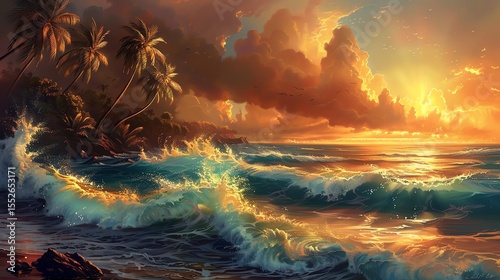 Amazing sunset at the beach with palm trees and big waves.