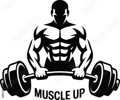 Powerful bodybuilder and barbell mascot, a logo for a gym or fitness club on white background