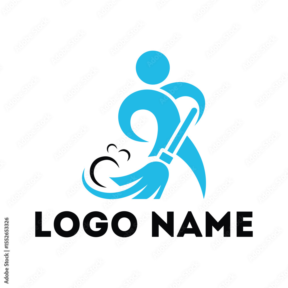 Fototapeta premium Cleaning Service Worker Logo Stylized Person Sweeping with Broom Icon