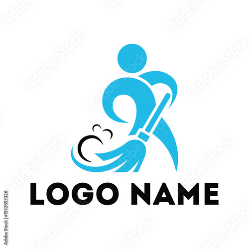 Cleaning Service Worker Logo Stylized Person Sweeping with Broom Icon