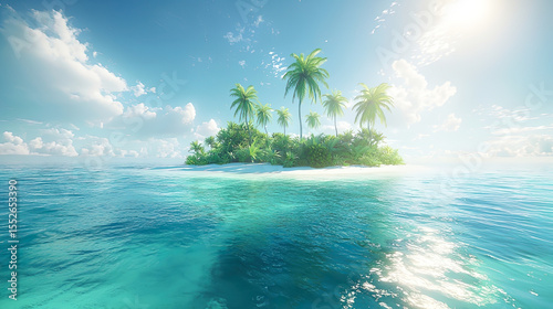 眩しい太陽と美しい南国の海に浮かぶ無人島の風景イラスト