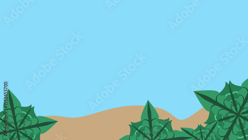 An outdoor landscape with lush green foliage bordering a clear blue sky and sandy ground. for tropical, nature, or eco friendly themes, offering ample space for text in presentations or banners