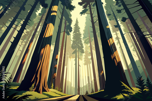 Detailed line art vector of a dense redwood forest, with towering tree trunks reaching skyward, shafts of light filtering through the canopy, and minimal ground detail. Black and white