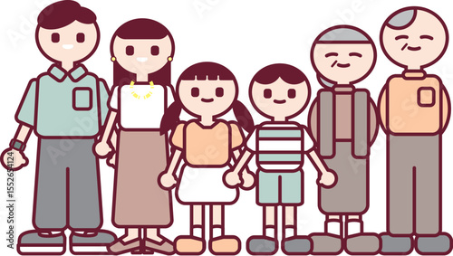 笑顔の家族が立っているシンプルなイラスト（祖父母あり）