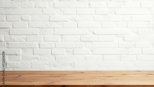 Light Brown Wooden Tabletop Against White Brick Wall