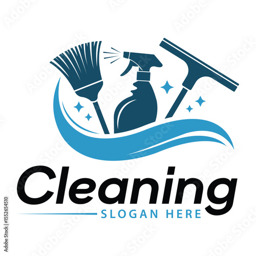 Cleaning Service Tools Logo Broom Spray Bottle Squeegee and Sparkles Icon