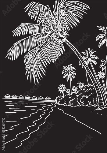 maldives landscape vector sketch on black background chalk. ocean shore vector sketch. resort area with houses on the ocean shore vector chalk drawing on black background