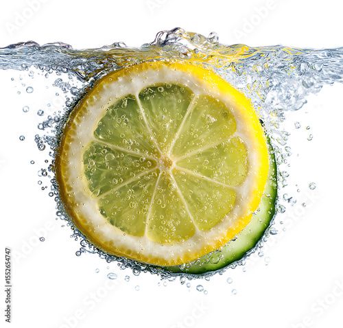 An anatomical photo of lemon and cucumber slices in water.