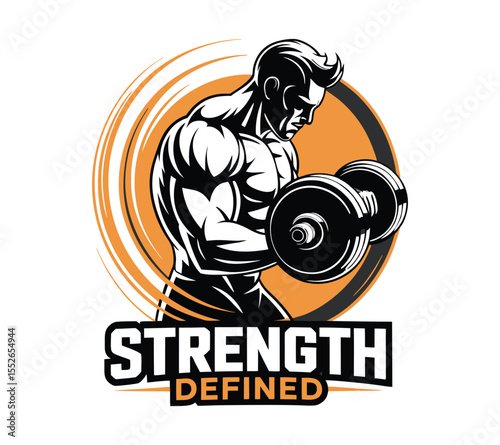 Vector illustration of a powerful bodybuilder with abs and a barbell, a monochrome and red icon for a fitness or weightlifting club on white background
