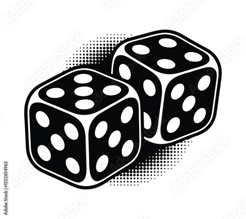 Monochrome drawing of a pair of dice, a simple and bold graphic for game night and entertainment themes on white background