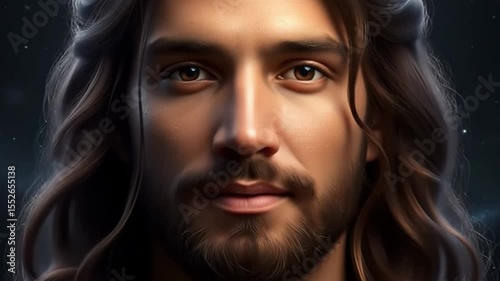 Sensual portrait of a young brunette, her dark eyes and lips express beauty in a studio close-up, a resemblance to Jesus Christ