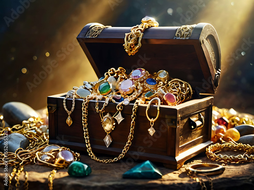 Treasure chest, gold coins, jewels, pirates, ancient, historical, adventure, fantasy, wealth, luxury, fortune, mystery, discover, antique, vintage, precious, sparkling, valuable, open chest, buried tr