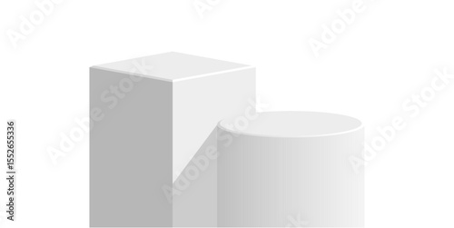 Cylinder and cube blocking white podium stage pedestal and platform vector, a minimalist display composition. Ideal for product showcases, geometric presentations, and modern abstract backdrops.