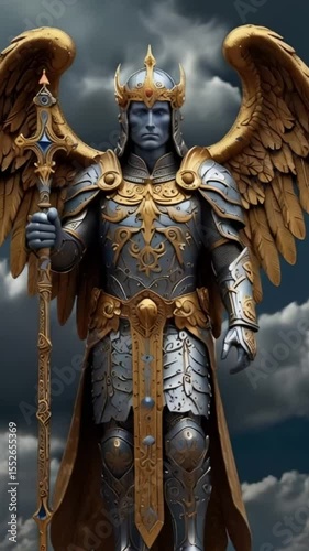 Golden ancient Thai art of medieval knight angel with metal gold wings, religious sculpture decoration