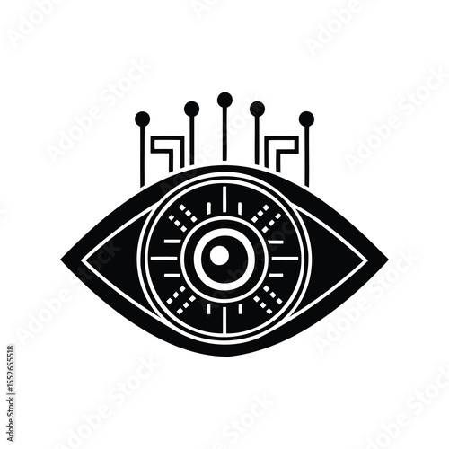 Futuristic eye with electronic components symbolizing surveillance and advanced technology