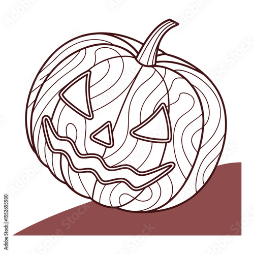 Stylized halloween jack o lantern carved face with swirling lines and a dark shadow isolated on white background silhouette
