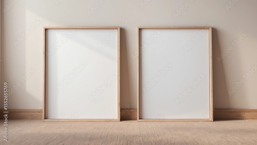 Fototapeta premium Vertical wooden frame mock up on beige floor. Set of two wooden frame mock up poster. Two vertical frame 3D render