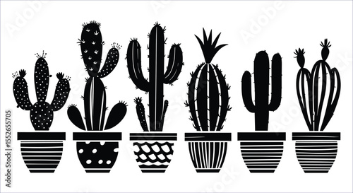 Stylized Black Cactus Plant Set in Pots for Decorative Botanical Art Projects
