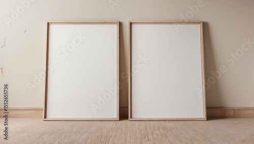 Vertical wooden frame mock up on beige floor. Set of two wooden frame mock up poster. Two vertical frame 3D render 