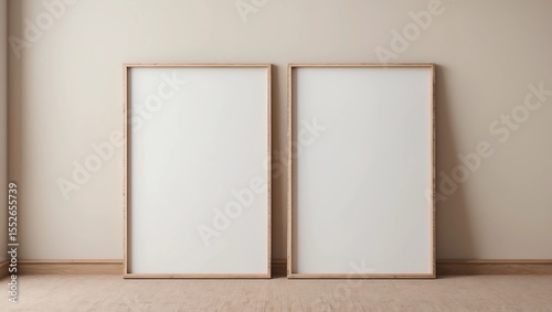 Vertical wooden frame mock up on beige floor. Set of two wooden frame mock up poster. Two vertical frame 3D render 