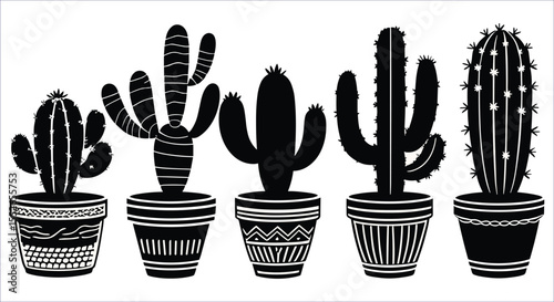 Stylized Black Cactus Plant Set in Pots for Decorative Botanical Art Projects
