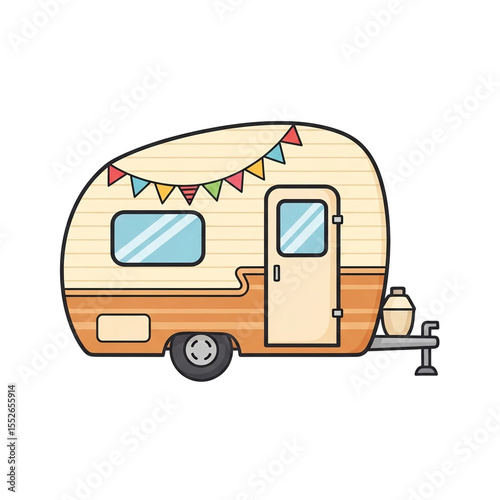 Cute cartoon vintage camper trailer decorated with colorful flags on white background
