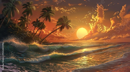 Amazing sunset over the ocean. The warm colors of the sky and the gentle waves create a peaceful and relaxing scene.