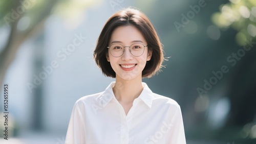 Portrait of a smiling young Asian woman wearing glasses