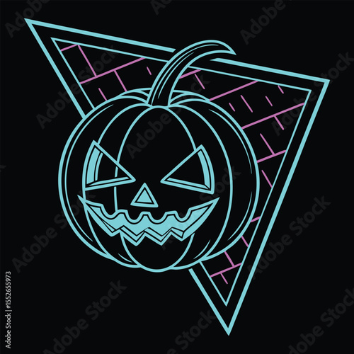 Retro wave glowing jack o lantern silhouette with neon triangle background isolated on black background