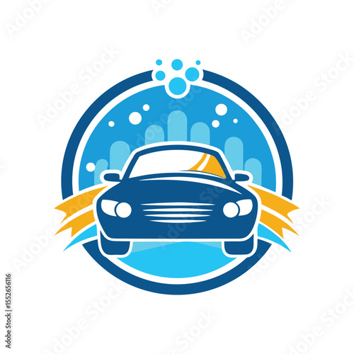 Auto Car Wash Logo Vector – Modern Vehicle Cleaning Icon with Water and Bubbles
