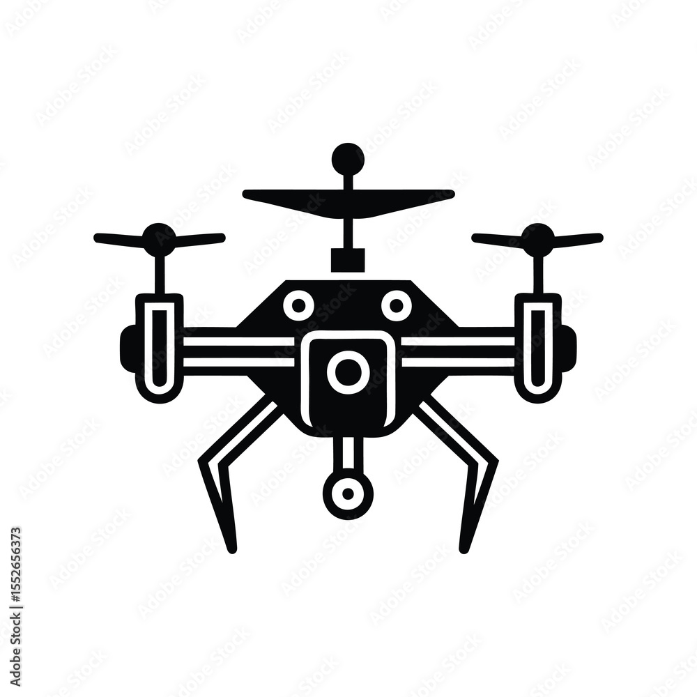 Naklejka premium Silhouette of a drone with four propellers and landing gear legs