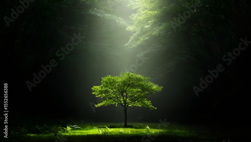 Green tree spotlight: nature photography, dark background