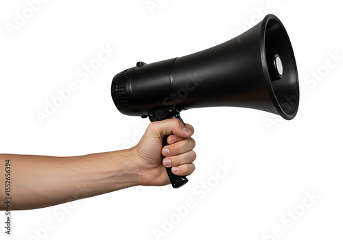 Black megaphone held in human hand isolated against a solid black background
