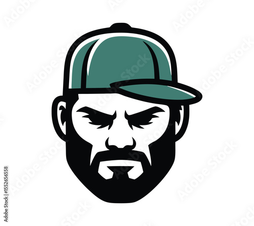 Urban man portrait icon with a beard and hat, a simple and bold logo for a male-centric brand on white background