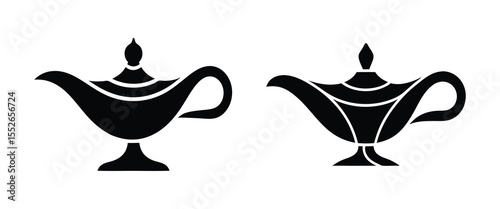 Monochrome Arabian magic lamp icon, a symbol of wishes, genies, and ancient folklore isolated on white on white background