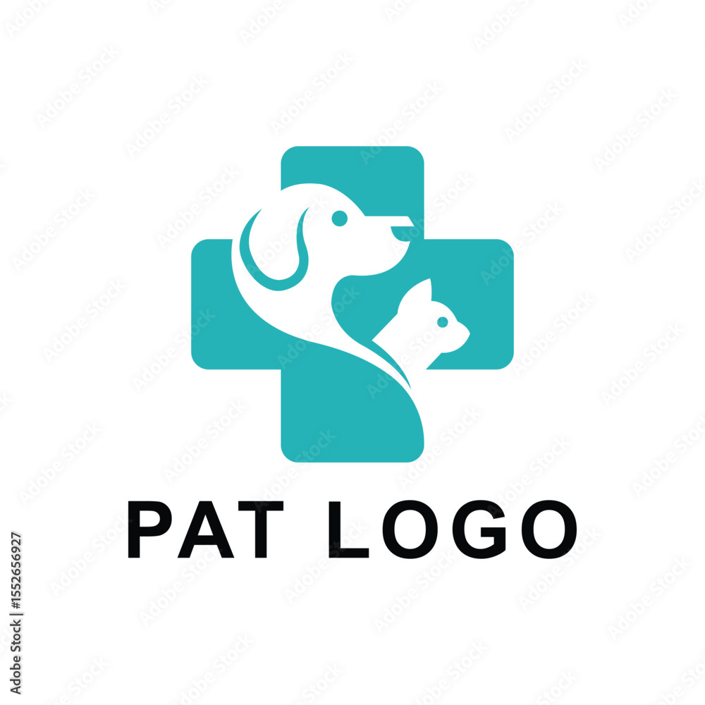 Fototapeta premium Veterinary Pet Care Logo Dog and Cat Silhouette on Medical Cross