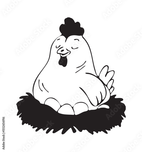 hen broody sits in nest and hatches eggs vector black and white sketch.chicken sitting in a straw nest vector cartoon sketch