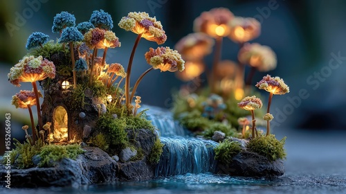 Tiny creatures discovering natural wonders in glowing forests, waterfalls, miniature terrain, moss, and whimsical handcrafted ecosystems with storytelling elements