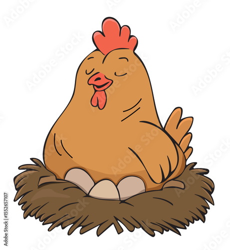 chicken sitting in a straw nest vector cartoon sketch. hen hatching eggs vector illustration