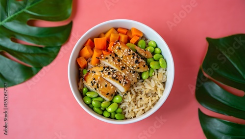 Healthy chicken bowl recipe with edamame and rice