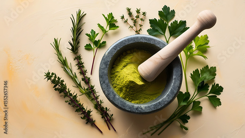 Organic Herbal Green Powder in Stone Mortar