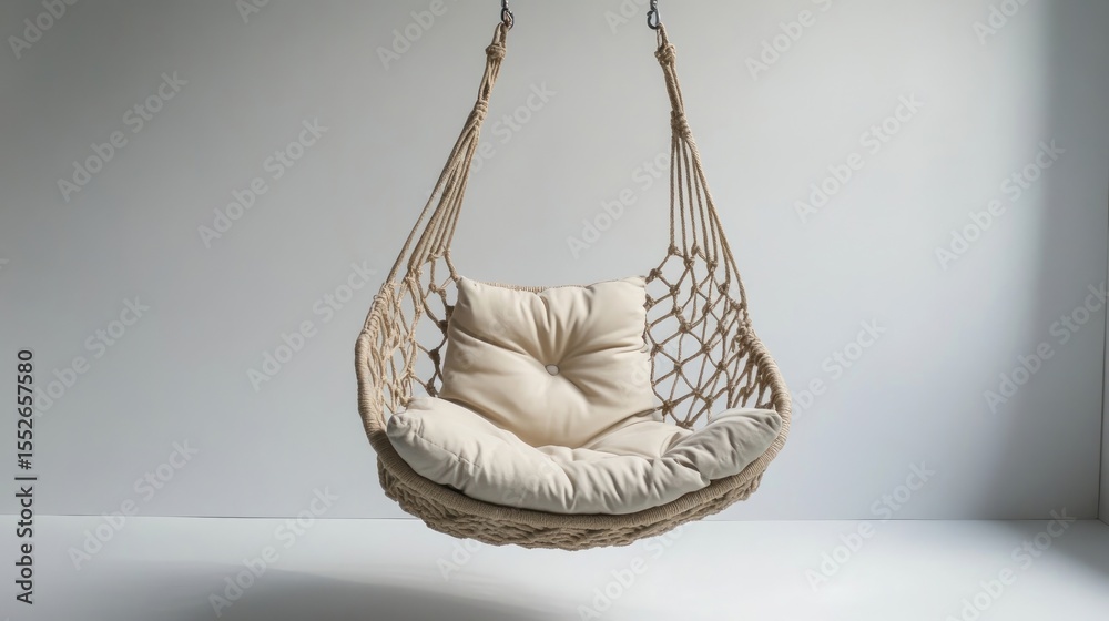 Fototapeta premium Beige macrame chair with cushion hanging from ceiling